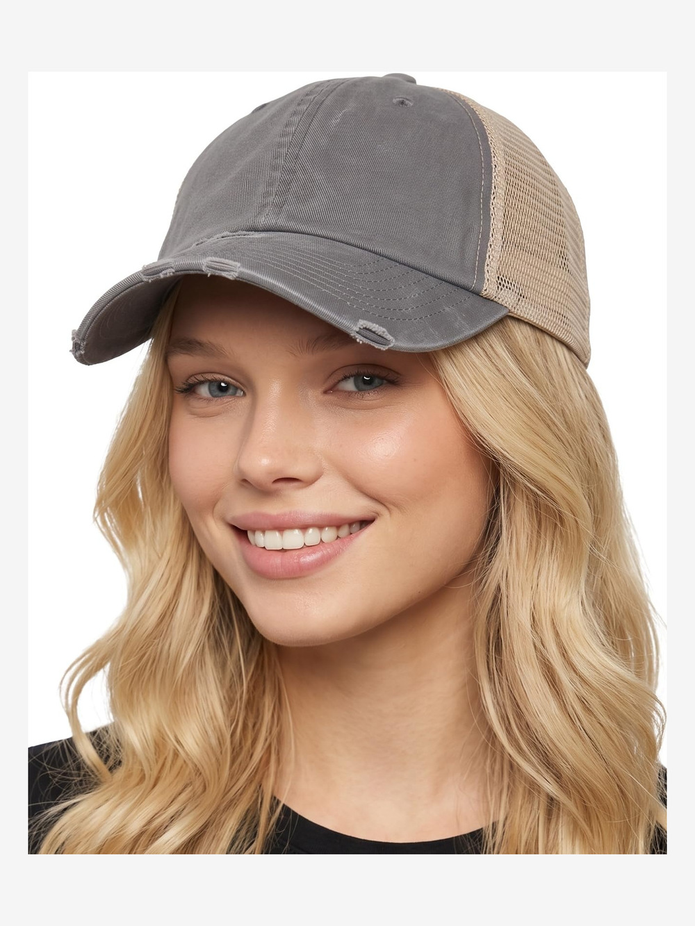 Distressed Mesh Low Profile Trucker Hat | Washed Gray, Beige Mesh | Size OS